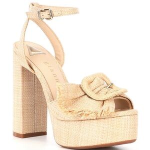 NWT Gianni Bini Tobias Raffia Mismatched Buckle Platform Heeled Sandals Sz 7,5